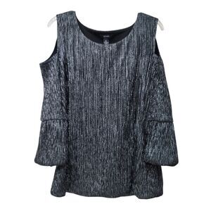 ALFANI Women's Pullover Bling Black/Silver Metallic Cold Shoulder Balloon Hem XL